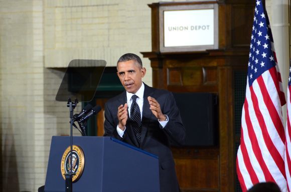 President Obama speaks on transportation at the Union Depot, photo by Kyle Mianulli