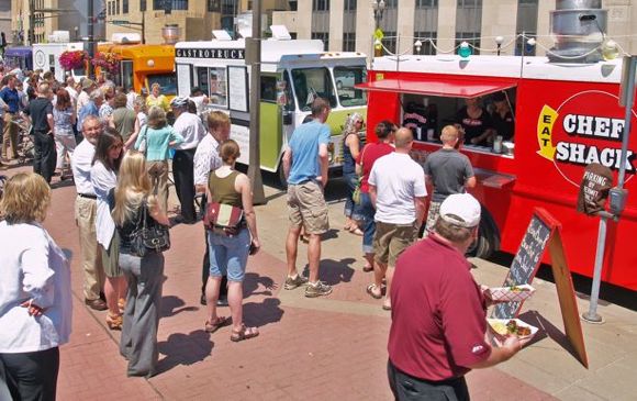 Food trucks line Mears Park in St. Paul, courtesy Visit St. Paul