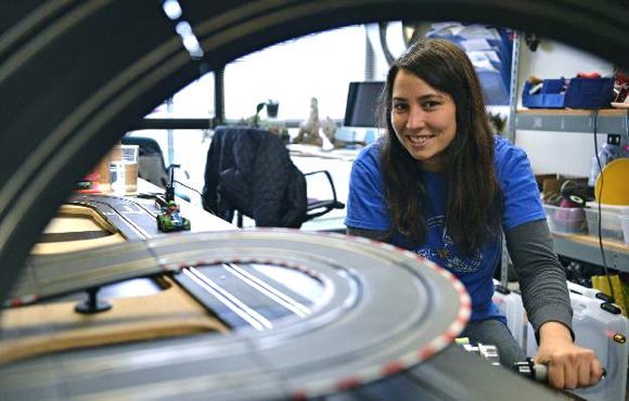 Ward with one of her KidWind projects, Bucket Charger Race Cars, photo by Bre McGee