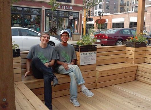 Lars Christiansen, Friendly Streets director, and organizer Darius Gray at a temporary parklet